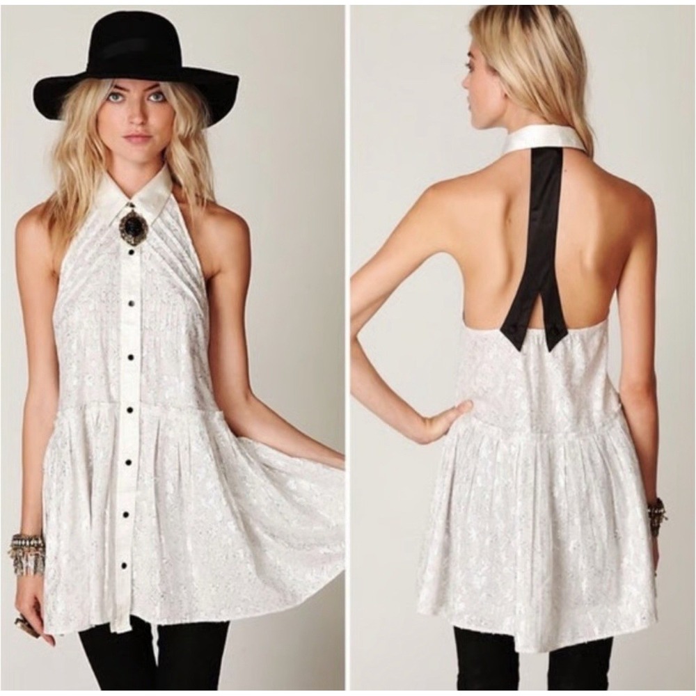 Free People Romantics Tuxedo Halter‎ Top Size XS Collared Ruffle Metallic